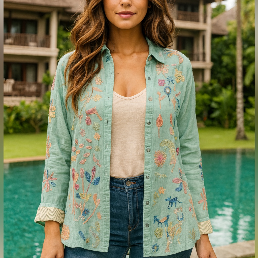Johnny Was Light Green Embroidered Button Down Shirt